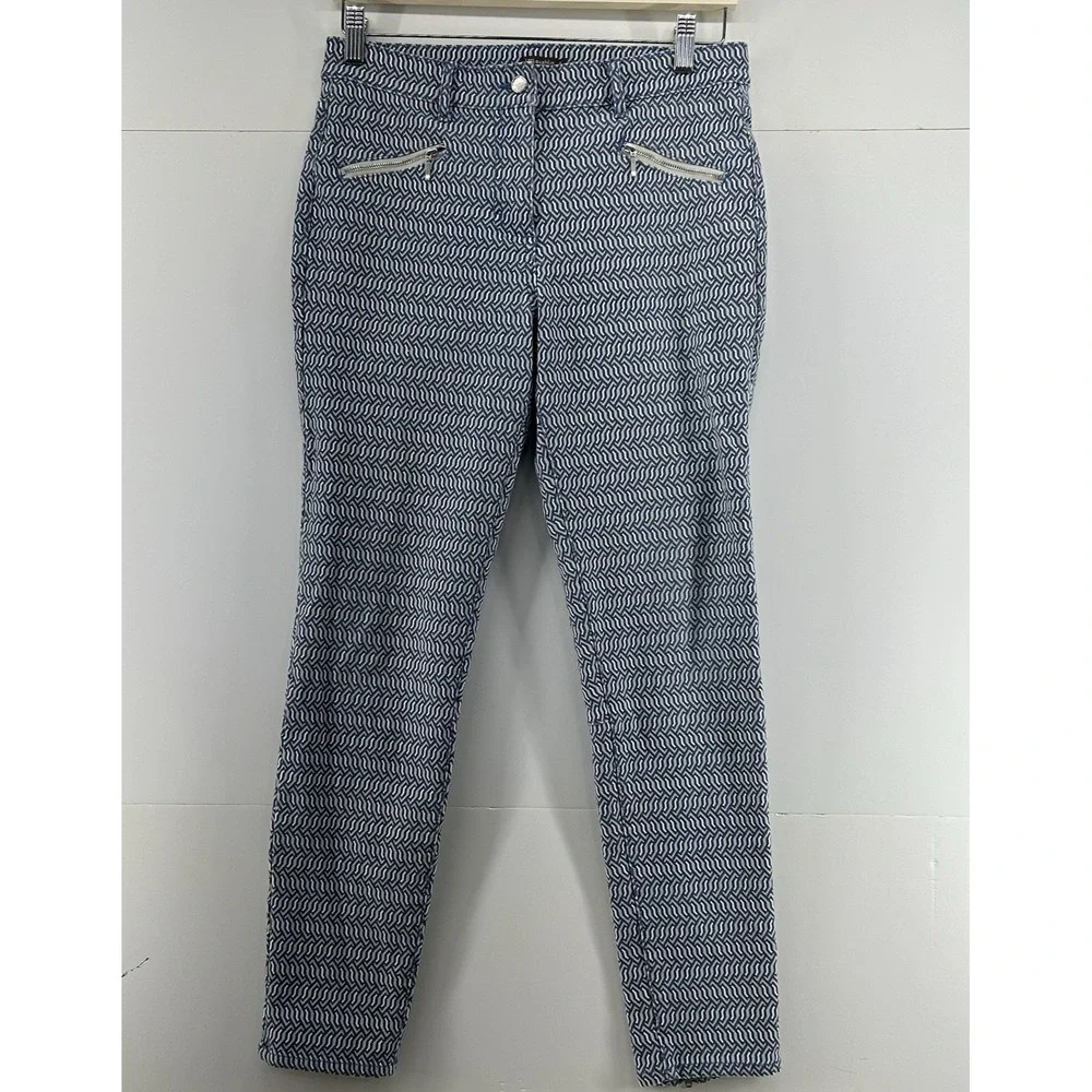 J McLaughlin Pants Women Size 6 Geometric Blue Beige Slim Fit Casual Zip Ankle‎